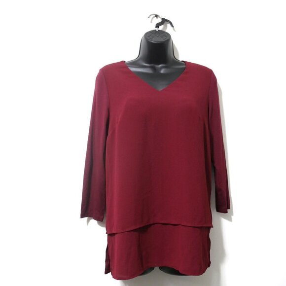 MICHAEL KORS Blouse Mixed Woven and Knit Layered Hem V-Neck 3/4 Sleeve Size XS - Picture 2 of 9